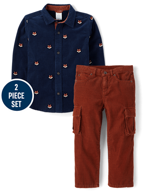 Boys Embroidered Fox Corduroy 2-Piece Outfit Set - Highland Hills