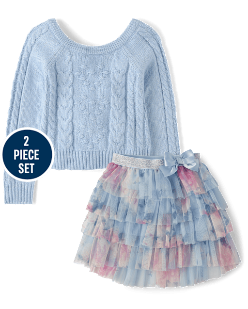 Girls Bow Back Cable Knit Sweater 2-Piece Outfit Set - On Pointe