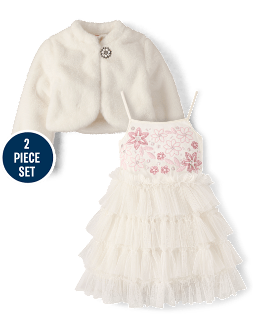 Girls Embellished Faux Fur Shrug And Sequin Dress 2-Piece Outfit Set - On Pointe