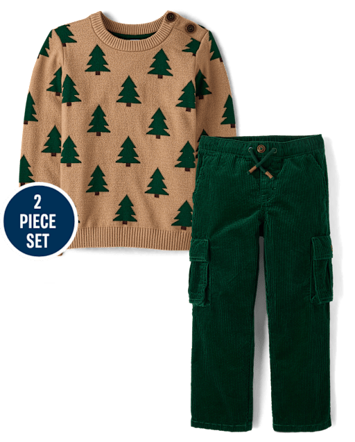 Boys Intarsia Christmas Tree Sweater 2-Piece Outfit Set - Royal Christmas