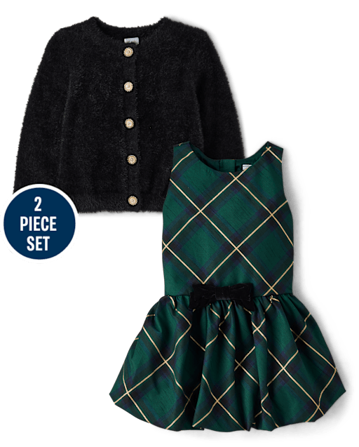 Girls Embellished Eyelash Cardigan And Bubble Dress 2-Piece Outfit Set - Royal Christmas