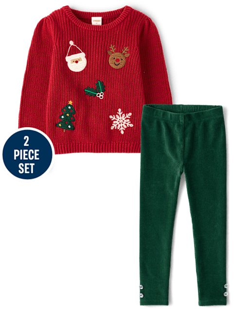 Girls Crochet Holiday Shaker Stitch Sweater 2-Piece Outfit Set - Royal Christmas