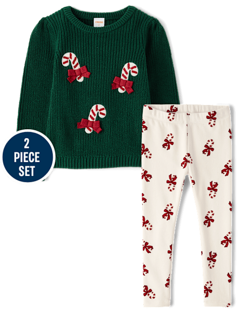 Girls Crochet Candy Cane Shaker Stitch Sweater 2-Piece Outfit Set - Royal Christmas
