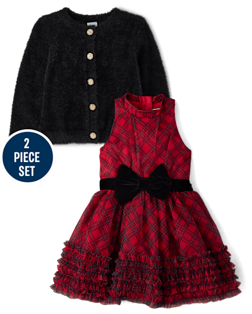Girls Embellished Eyelash Cardigan And Dress 2-Piece Outfit Set - Royal Christmas