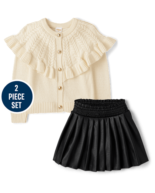 Girls Ruffle Cardigan And Faux Leather Skort 2-Piece Outfit Set - Royal Christmas