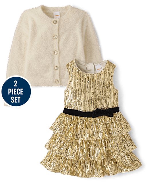Girls Embellished Eyelash Cardigan And Sequin Dress 2-Piece Outfit Set - Royal Christmas