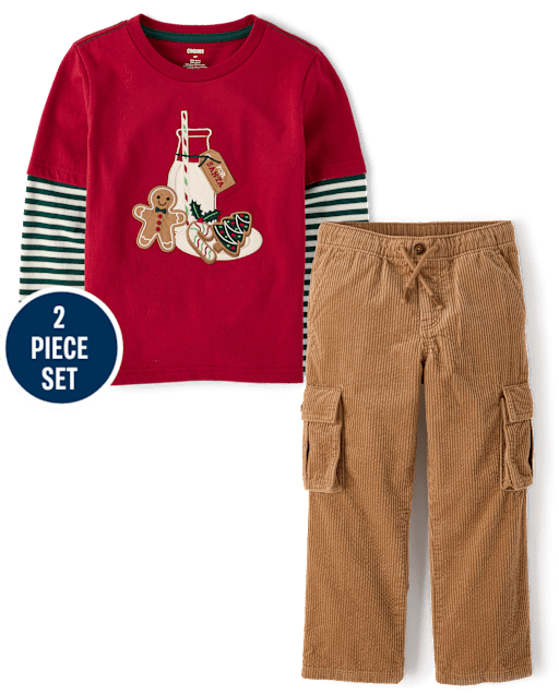 Boys Embroidered Cookies Layered Top 2-Piece Outfit Set - Royal Christmas