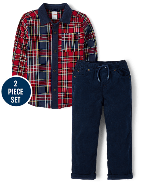 Boys Plaid Colorblock Flannel Button Up Shirt 2-Piece Outfit Set - Royal Christmas