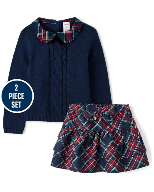 Girls Bow Cable Knit Sweater 2-Piece Outfit Set - Royal Christmas