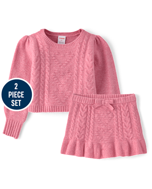 Girls Heart Cable Knit 2-Piece Outfit Set - Mon Cheri