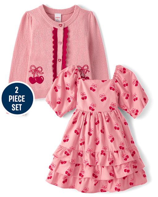 Girls Applique Cherry Heart Cardigan And Dress 2-Piece Outfit Set - Mon Cheri
