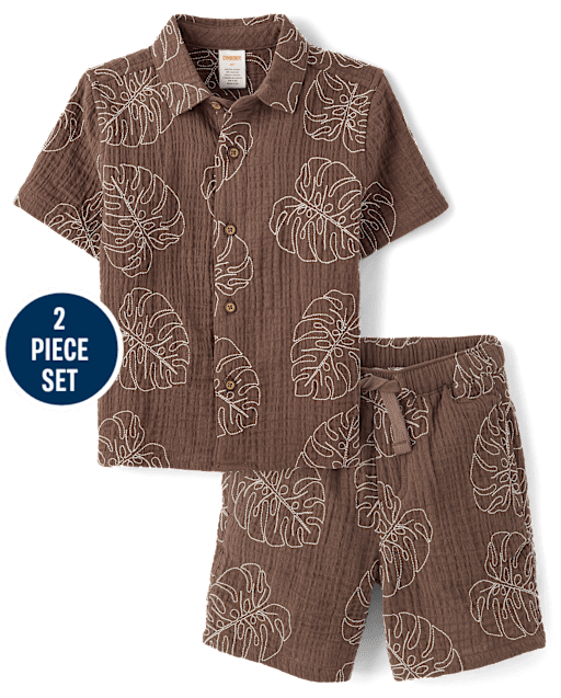 Boys Embroidered Tropical Leaf Gauze 2-Piece Outfit Set - Amalfi Coast - view 1