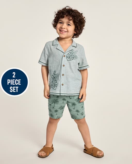 Boys Embroidered Tropical Leaf Linen-Blend 2-Piece Outfit Set-Amalfi Coast - lbl_product_image_view_2