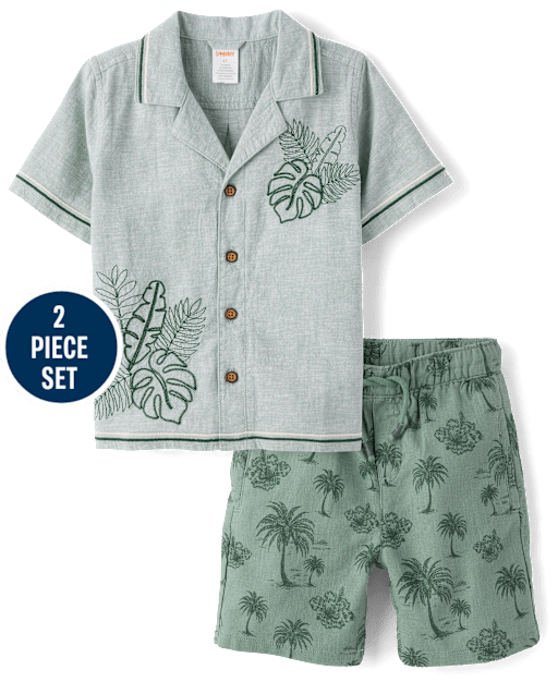 Boys Embroidered Tropical Leaf Linen-Blend 2-Piece Outfit Set-  Amalfi Coast - lbl_product_image_view_1