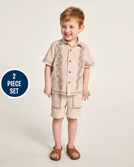 Boys Embroidered Tropical Leaf Linen-Blend 2-Piece Outfit Set - Amalfi Coast - lbl_product_image_view_2