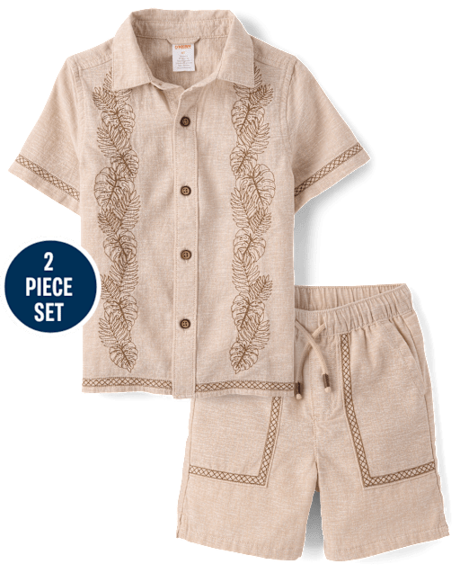 Boys Embroidered Tropical Leaf Linen-Blend 2-Piece Outfit Set - Amalfi Coast - lbl_product_image_view_1