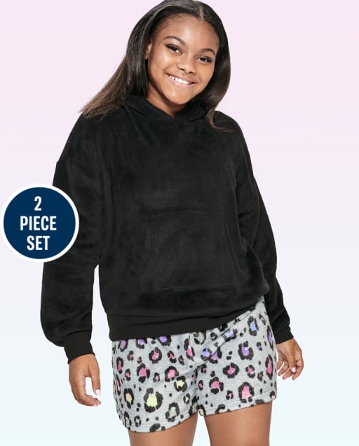 Pijama de forro polar acogedor con estampado de leopardo arcoíris para niñas Tween