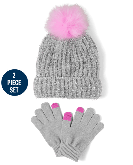 Tween Girls Sparkle Pom Pom Beanie & Gloves Set