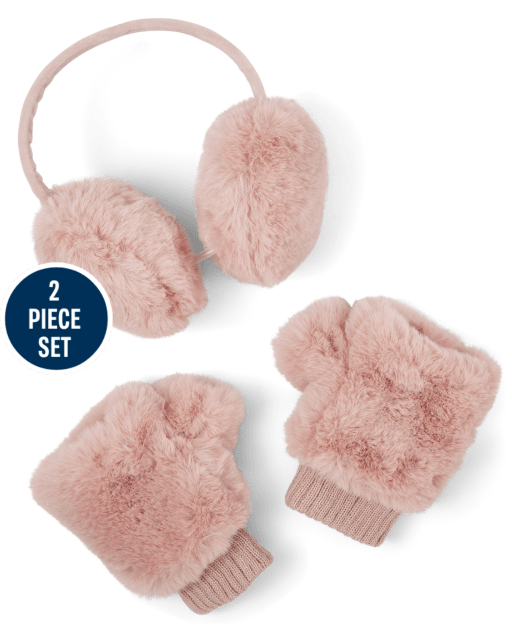 Tween Girls Faux Fur Ear Muffs And Mittens Set
