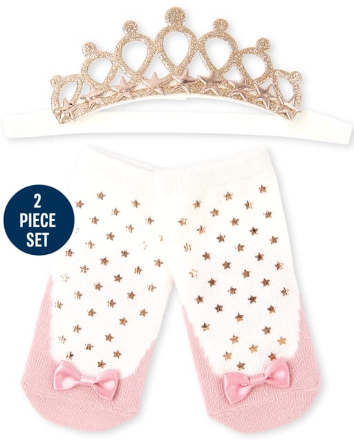 Baby Girls Glitter Tiara Headwrap And Ballerina Socks Set