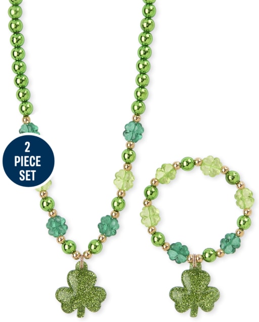 Girls Glitter Shamrock Beaded Necklace And Bracelet Set