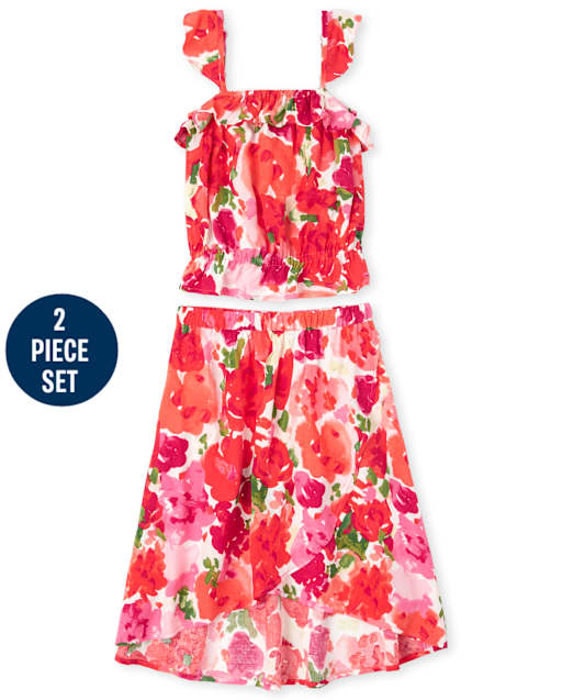 Girls Floral Ruffle Top And High Low Maxi Skirt Set