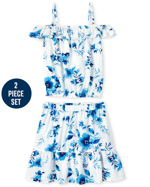 Girls Floral Off Shoulder Top And Ruffle Skirt Set