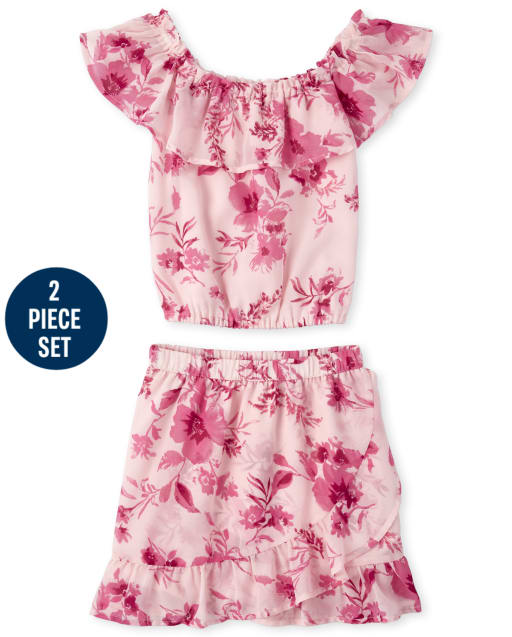 Girls Floral Ruffle Top And Faux Wrap Skirt Set