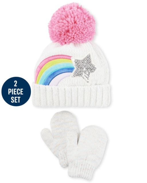 Toddler Girls Rainbow Star Pom Pom Beanie And Mittens Set