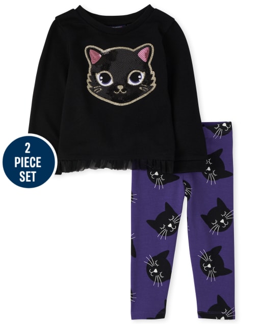 Toddler Girls Halloween Glitter Cat Outfit Set