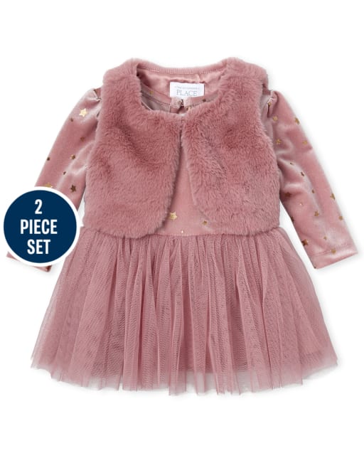 Baby Girls Velour Glitter Tutu Dress And Faux Fur Vest