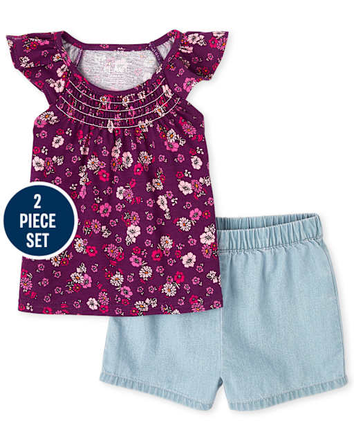 Conjunto de 2 piezas de cambray floral para niñas pequeñas