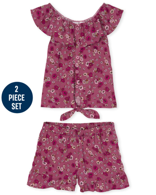 Ensemble 2 pièces à volants et fleurs pour fille