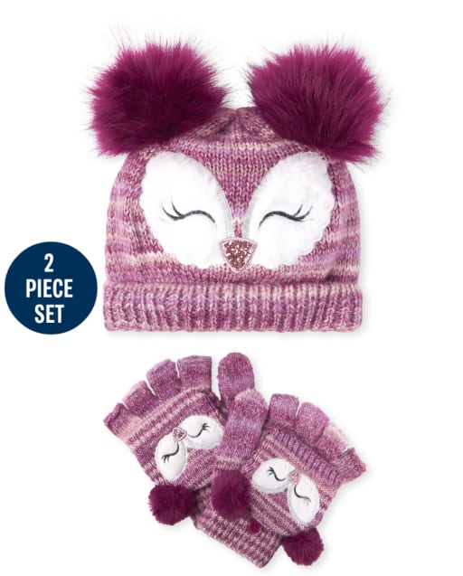 Girls Owl Hat And Mittens Set