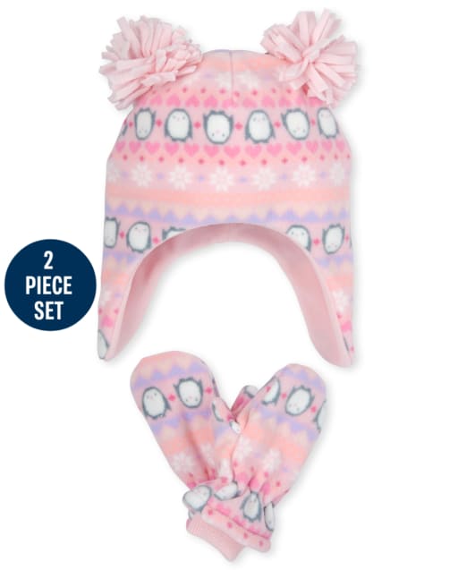 Conjunto de gorro y manoplas de pingüino para niñas pequeñas