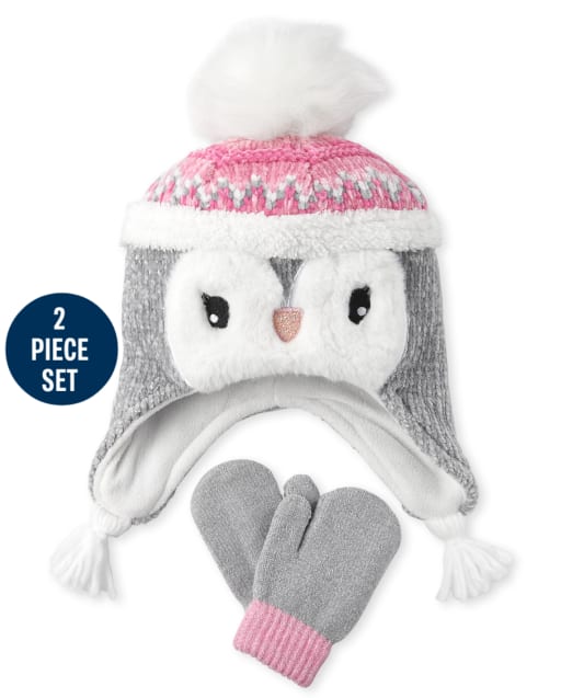 Toddler Girls Penguin Hat And Mittens Set