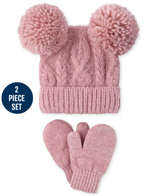 Toddler Girls Cable Knit Pom Pom Hat And Mittens Set