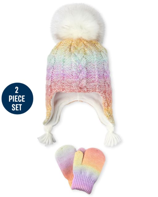 Toddler Girls Cable Knit Pom Pom Hat And Mittens Set
