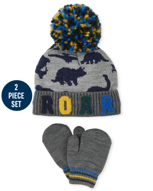 Toddler Boys Dino Pom Pom Hat And Mittens Set