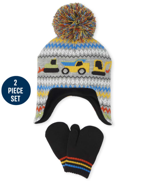 Toddler Boys Truck Hat And Mittens Set