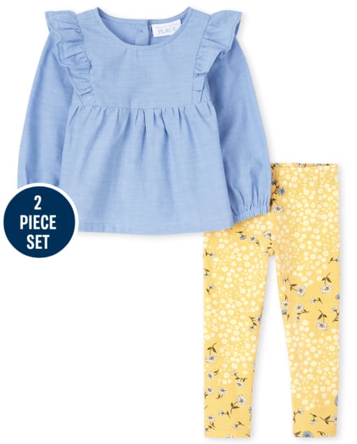 Toddler Girls Floral Ruffle Chambray 2-Piece Set