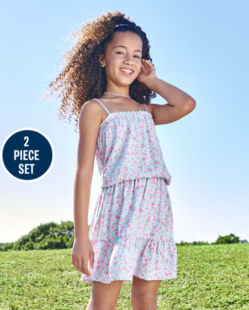 Conjunto de 2 piezas para niñas con falda y top sin mangas fruncido floral