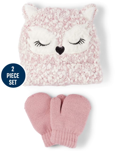 Conjunto de gorro y manoplas de búho para niñas pequeñas