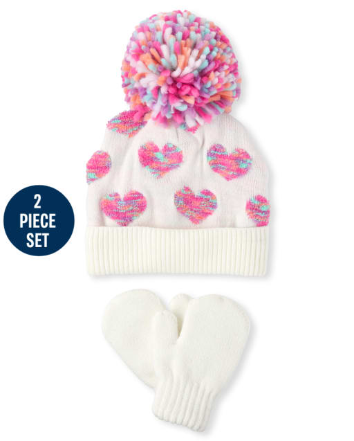 Toddler Girls Heart Hat And Mittens Set