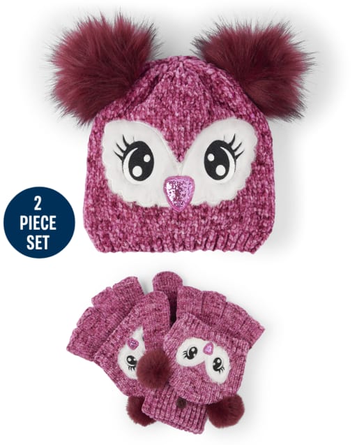 Girls Owl Hat And Mittens Set