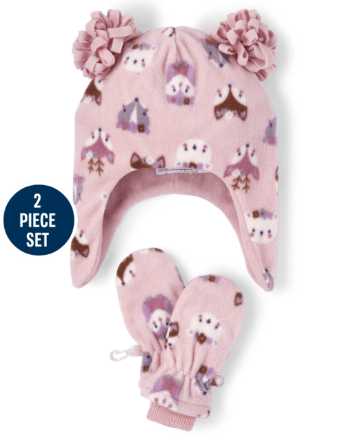 Ensemble bonnet et mitaines animaux pour toute-petite fille