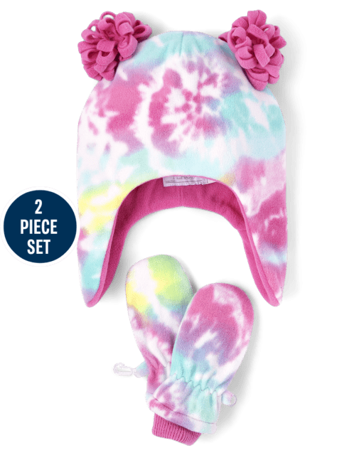 Toddler Girls Rainbow Tie Dye Hat And Mittens Set