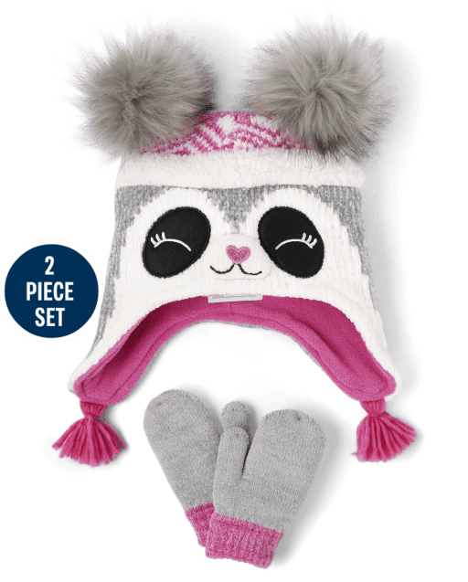 Toddler Girls Panda Hat And Mittens Set
