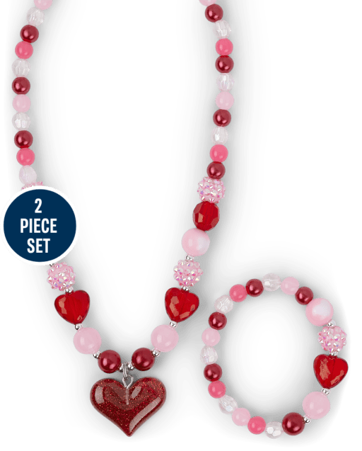 Girls Heart Beaded Necklace And Bracelet Set