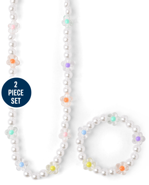 Girls Flower Pearl Beaded Necklace And Bracelet Set